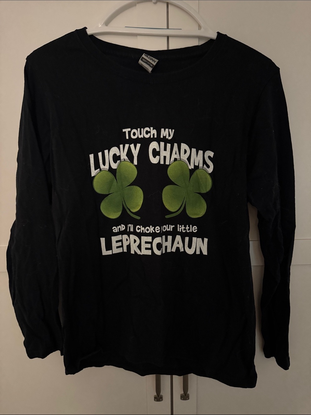 Gildan Black Long Sleeve Tee with Green Shamrock Graphics